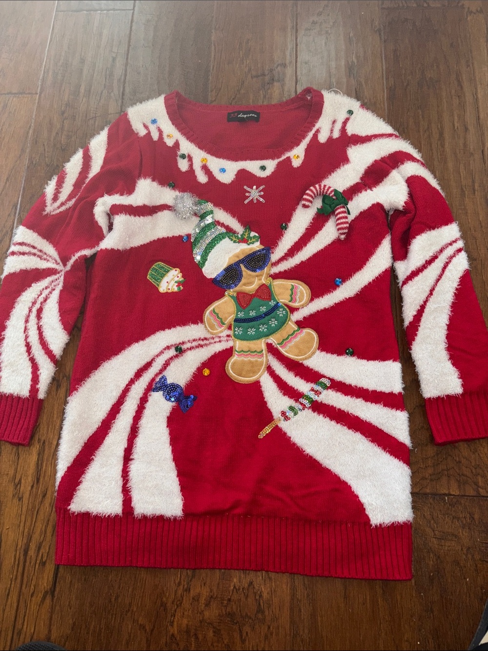 Red Festive Gingerbread Crewneck Sweater with Holiday Applique